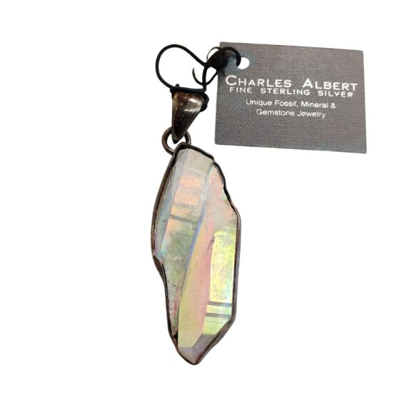 Charles Albert Sterling Silver Terminated Rainbow Aura Quartz Crystal Pendant - Picture 1 of 8